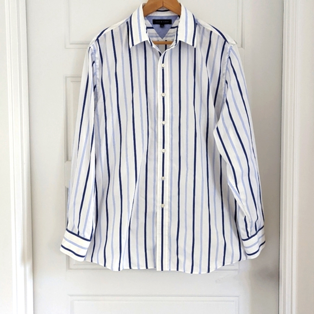 Men's White Blue Stripes Button Down Cotton Long Sleeve Dress Shirt Sz 17 Office